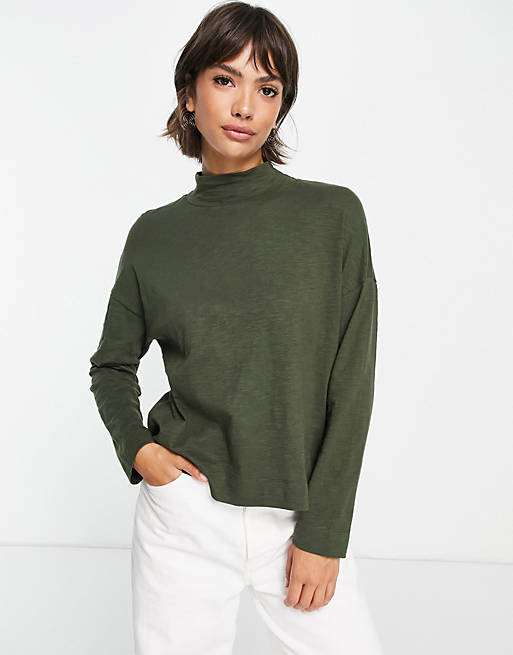 Whistles high neck relaxed jersey top in khaki