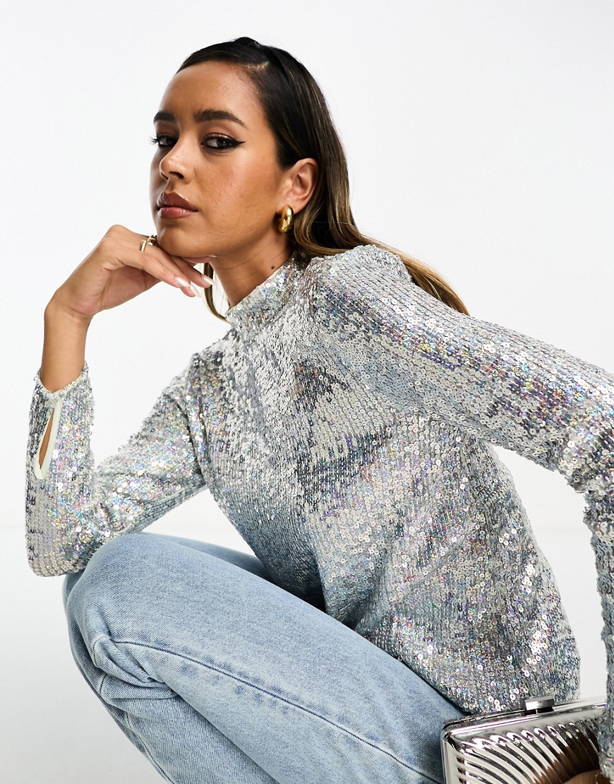 Whistles high neck sequin top in silver