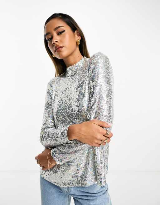 Silver High Neck Sequin Top, WHISTLES