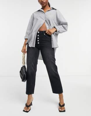 Whistles Hollie Button Front High Rise Cropped Straight Leg Jeans In Black In Black