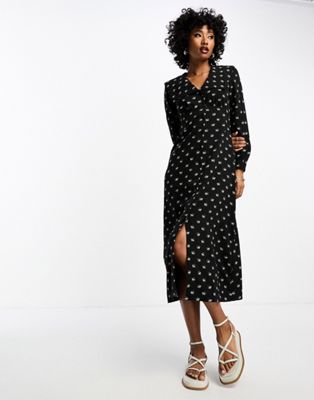 Whistles horse print button up collar midi dress in black