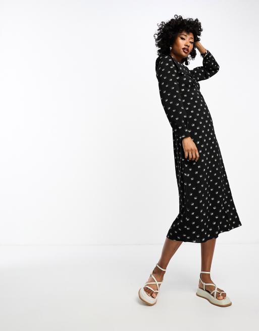 Whistles horse print button up collar midi dress in black