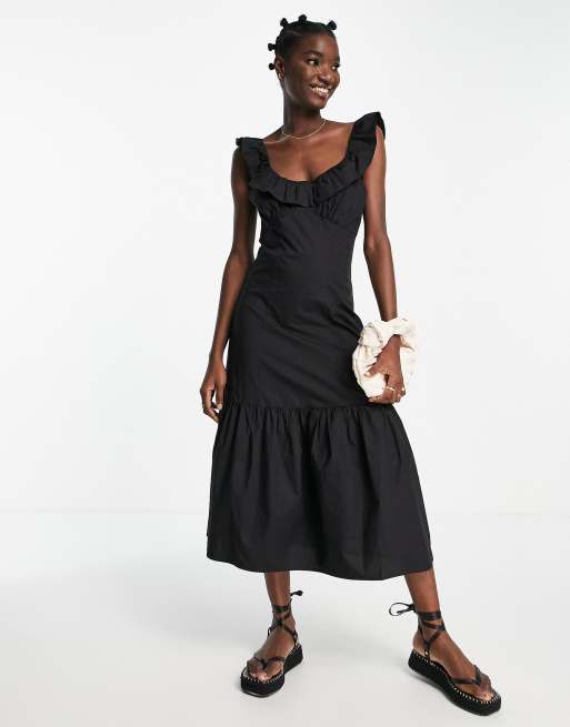 Whistles - Jemma - Vestito midi in popeline nero con volant