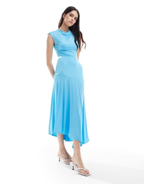 Whistles jersey asymmetric midi dress in aqua - view 1