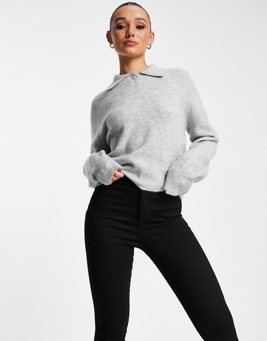 Whistles Jewel Button Collar Jumper In Grey