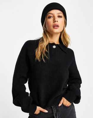 Whistles jewel button collar sweater in black