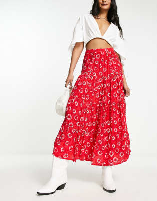 Whistles tie dye floral tiered midi skirt in red - ASOS Price Checker
