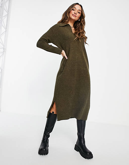 Whistles knitted midi dress with collar in khaki