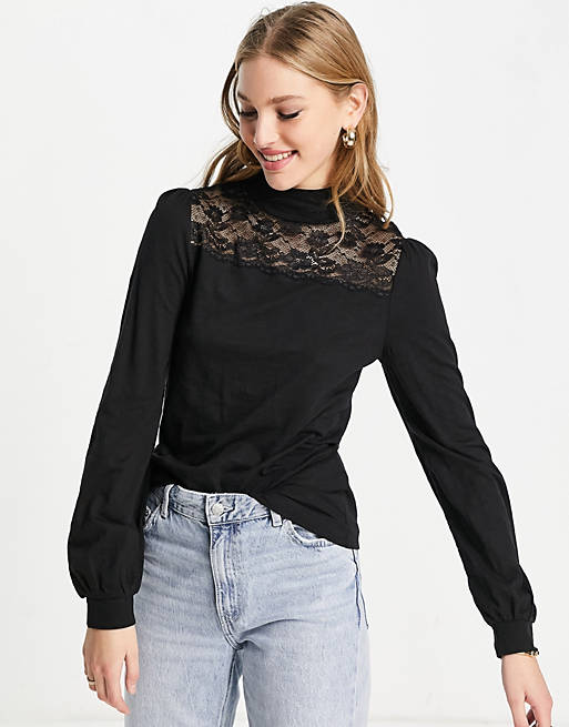 Whistles lace pannel volume sleeve top in black