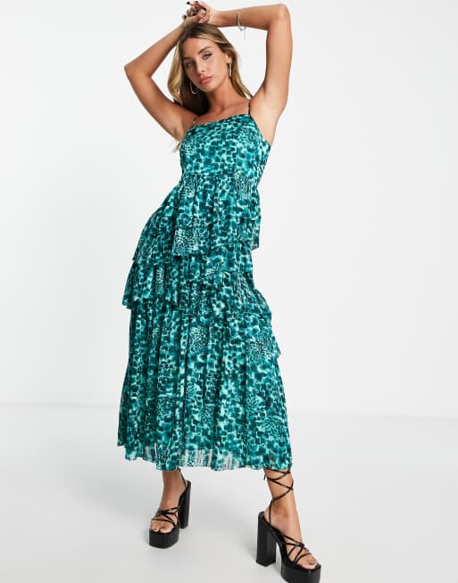 Whistles - Lange cami jurk met stroken, ruches en luipaardprint in groenblauw