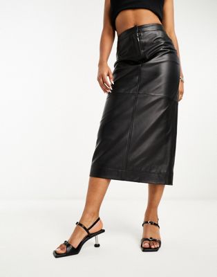 Whistles leather midi skirt in black