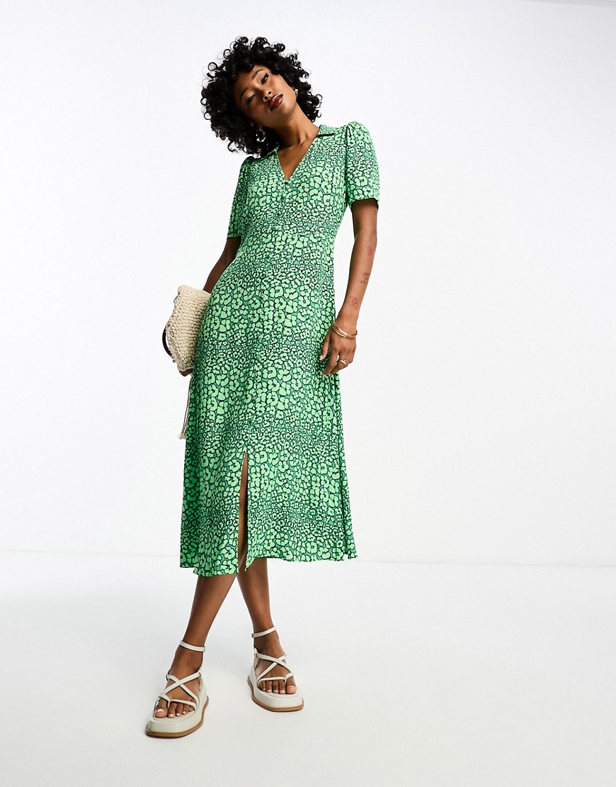 Whistles leopard petal midi dress with collar in green