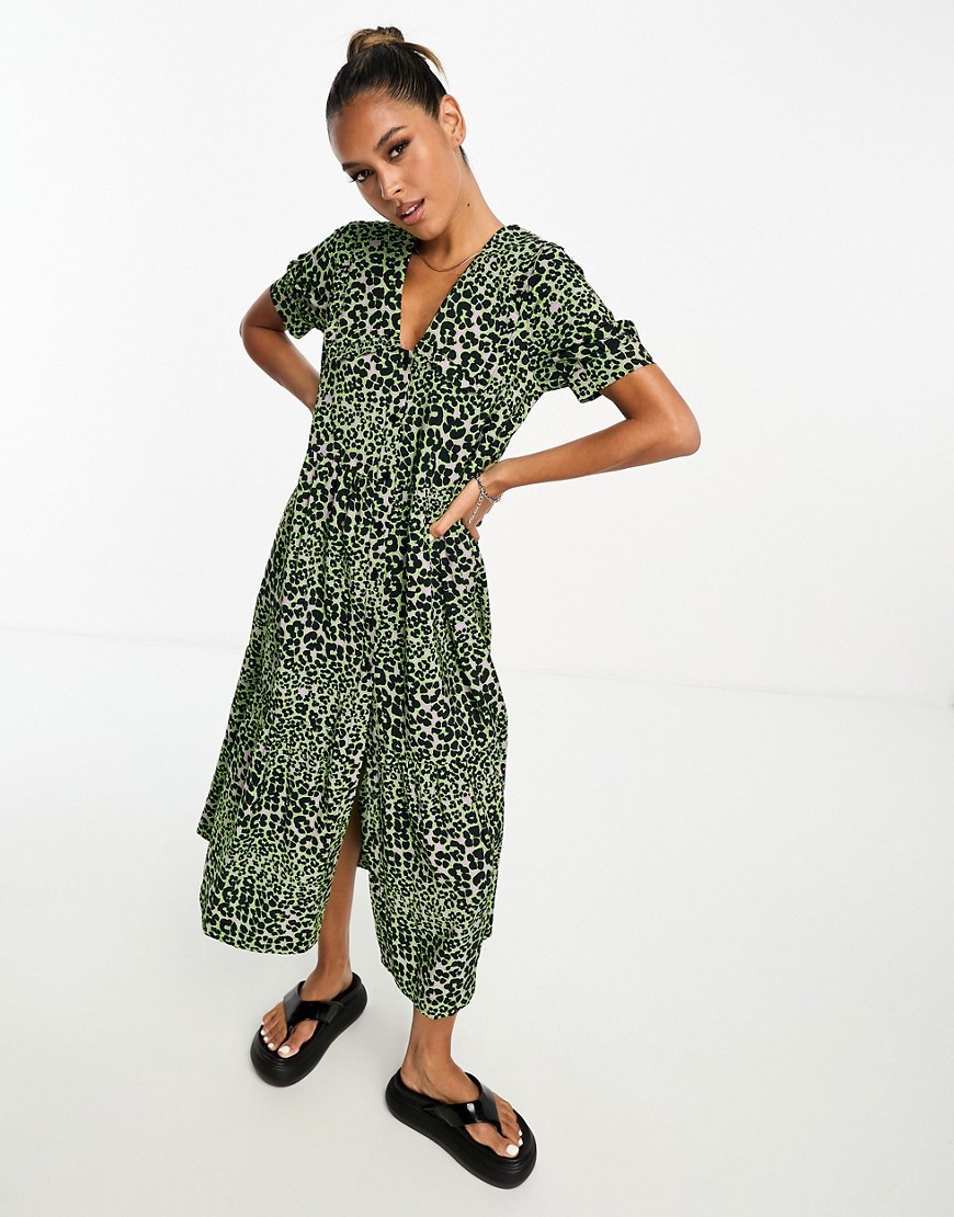 Whistles leopard print midi dress with collar in green-Multi