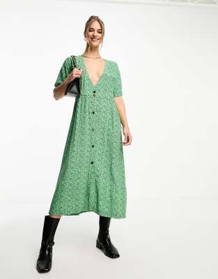 Whistles Leopard Print Side Button Midi Dress In Green | ModeSens
