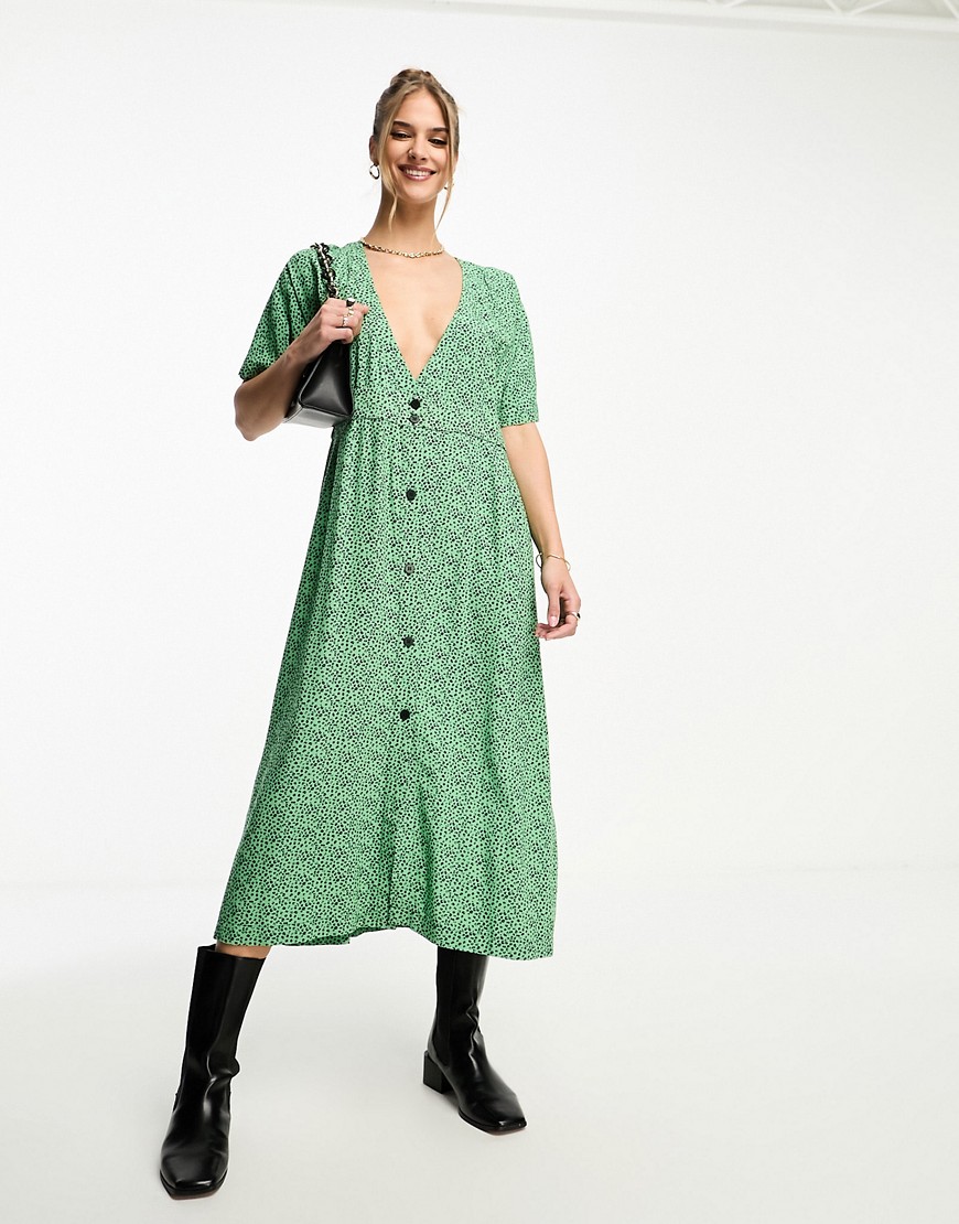 Whistles leopard print side button midi dress in green