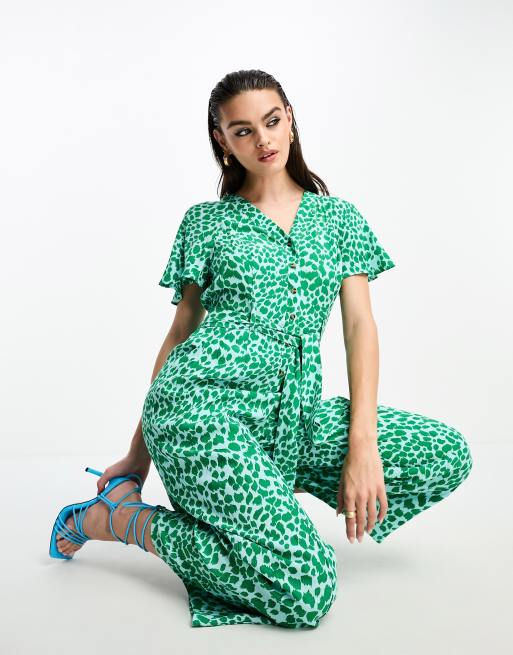 Whistles leopard shirred jumpsuit in green ASOS