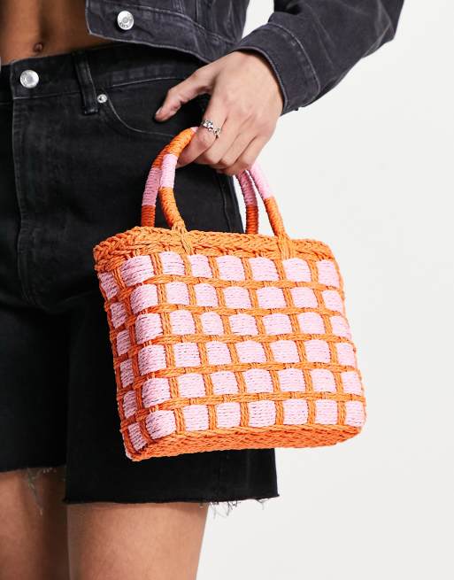 Whistles - Lille shoppertaske i naturligt strå med lyserødt/orange tern