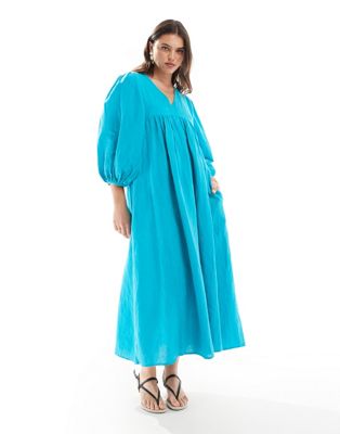 Whistles linen blend smock midi dress in turquoise | ASOS