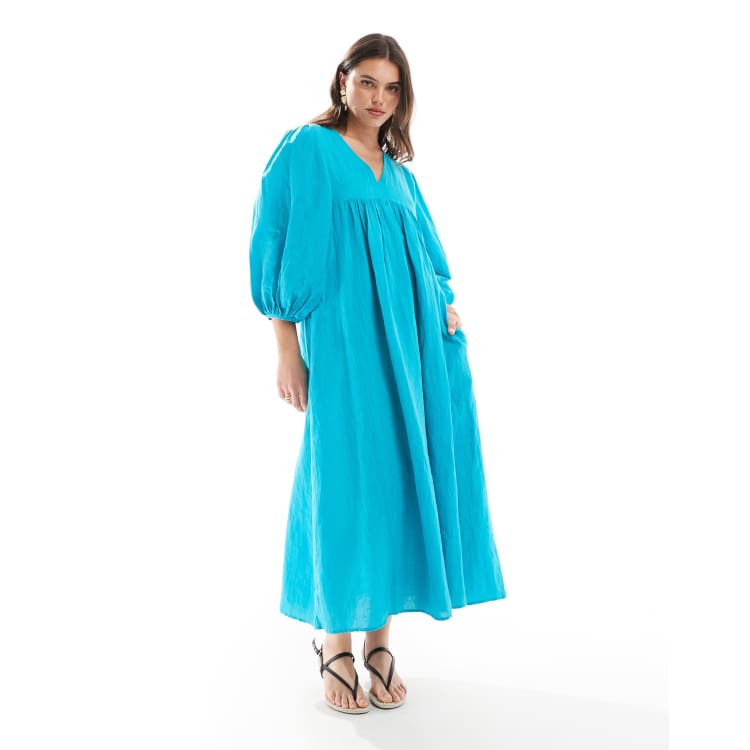 Whistles linen blend smock midi dress in turquoise | ASOS