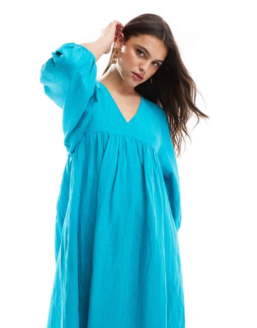 Whistles linen blend smock midi dress in turquoise | ASOS