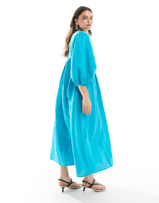 Whistles linen blend smock midi dress in turquoise | ASOS