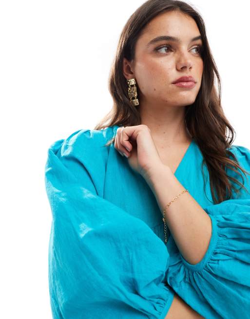 Whistles linen blend smock midi dress in turquoise | ASOS