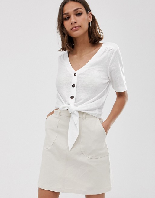 Whistles linen button front tie t-shirt in white