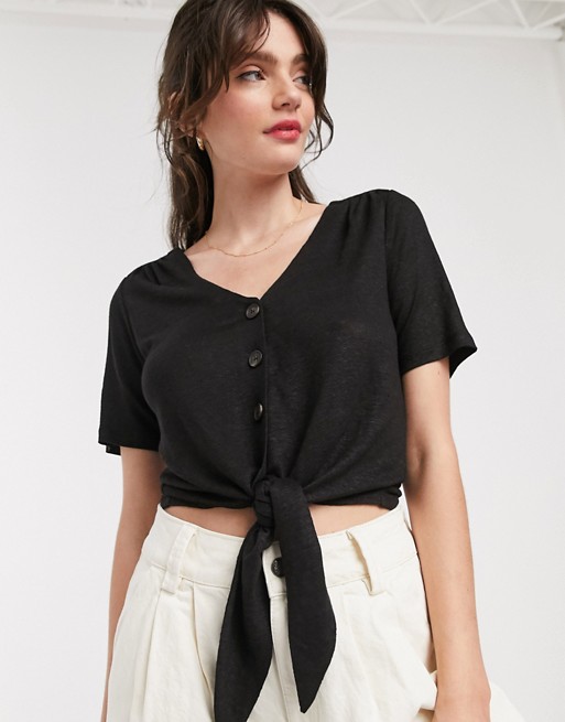 Whistles linen button front tie top in black