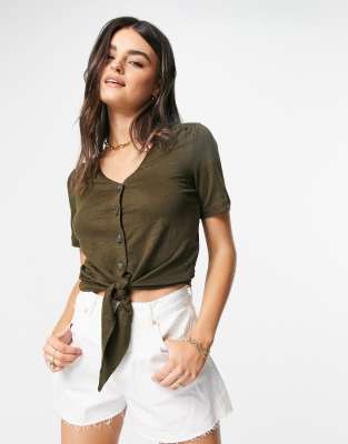 Whistles linen button front tie top in green