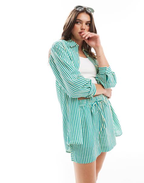 Whistles linen mix seaside stripe shirt in green co-ord - view 1