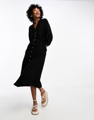Whistles Whistles Lizzie button front midi dress with tie up waist in black