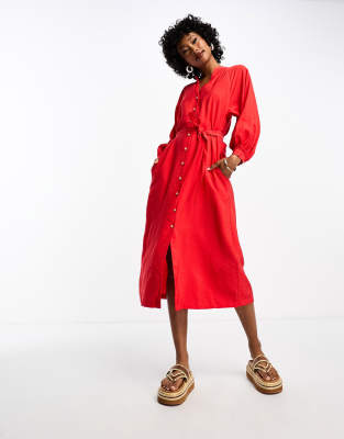 Whistles Lizzie button front midi dress with tie up waist in red - ASOS Price Checker