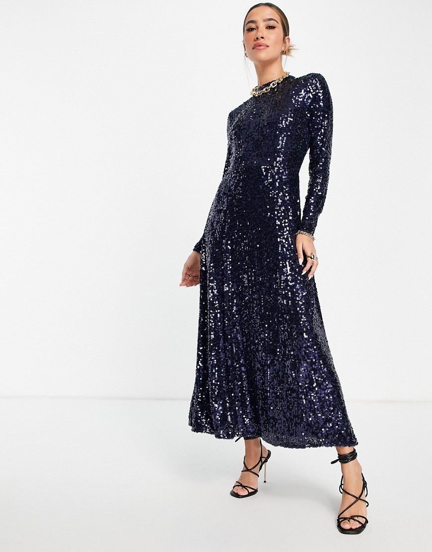 Whistles long sleeve maxi dress in all over blue and silver sequins-Blues