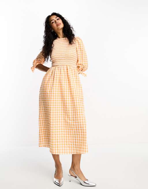 Whistles long sleeve maxi tea dress in orange gingham | ASOS