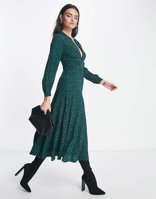 Green snake print midi hot sale dress