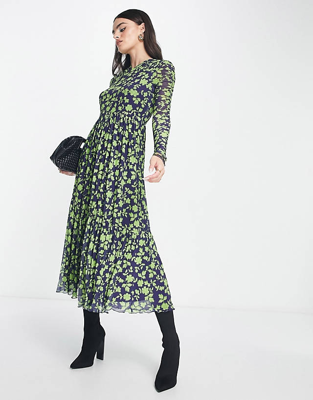 Whistles long sleeve ruched maxi dress in mesh floral