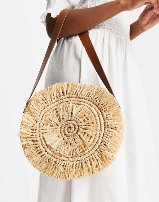 Neutral Lottie Round Straw Fringe Tote, WHISTLES