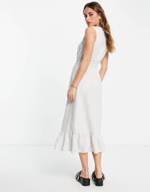 Whistles Matilda smocked linen midi dress in white