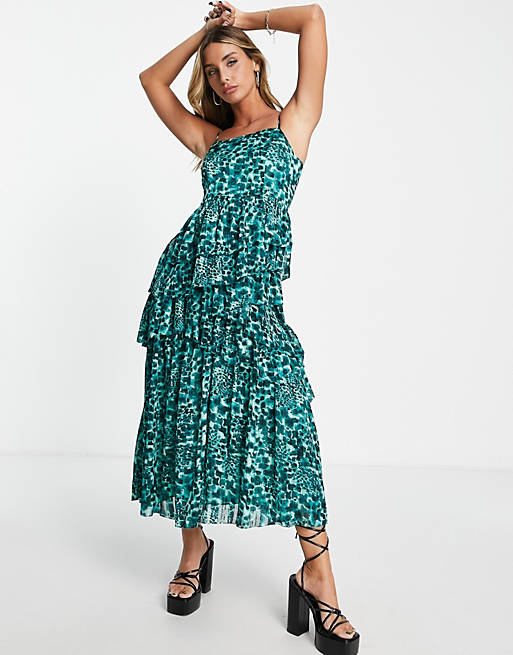 Whistles maxi cami dress with tiered ruffles in teal leopard print