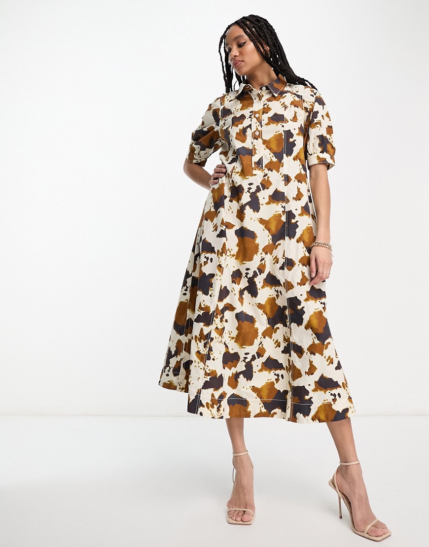 Whistles maxi shirt dress in cow print-Brown