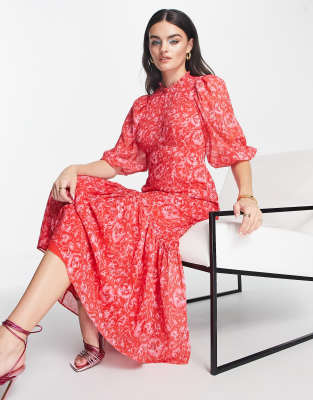 Whistles maxi smock dress in red and pink peony print