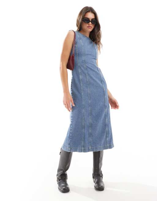 Whistles midi denim dress with seam detail in blue