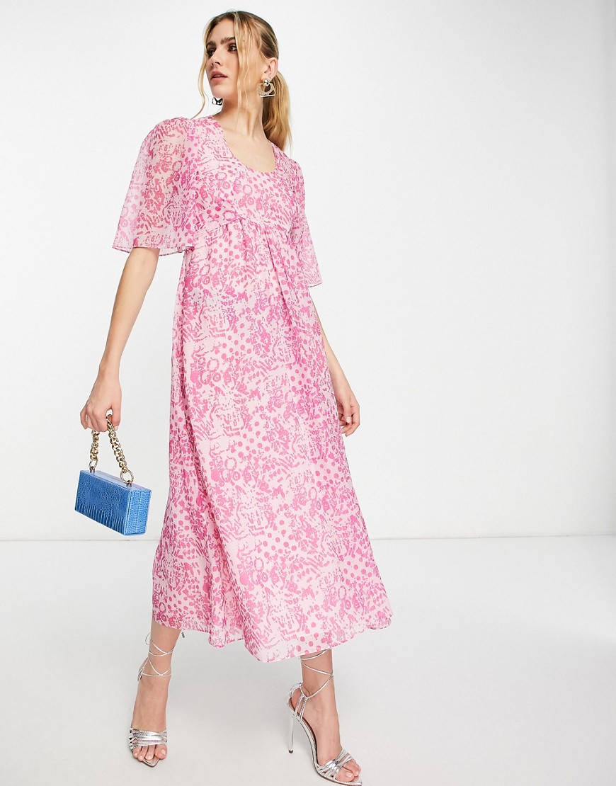 Whistles midi dress with back deatil in abstract batik print - PINK