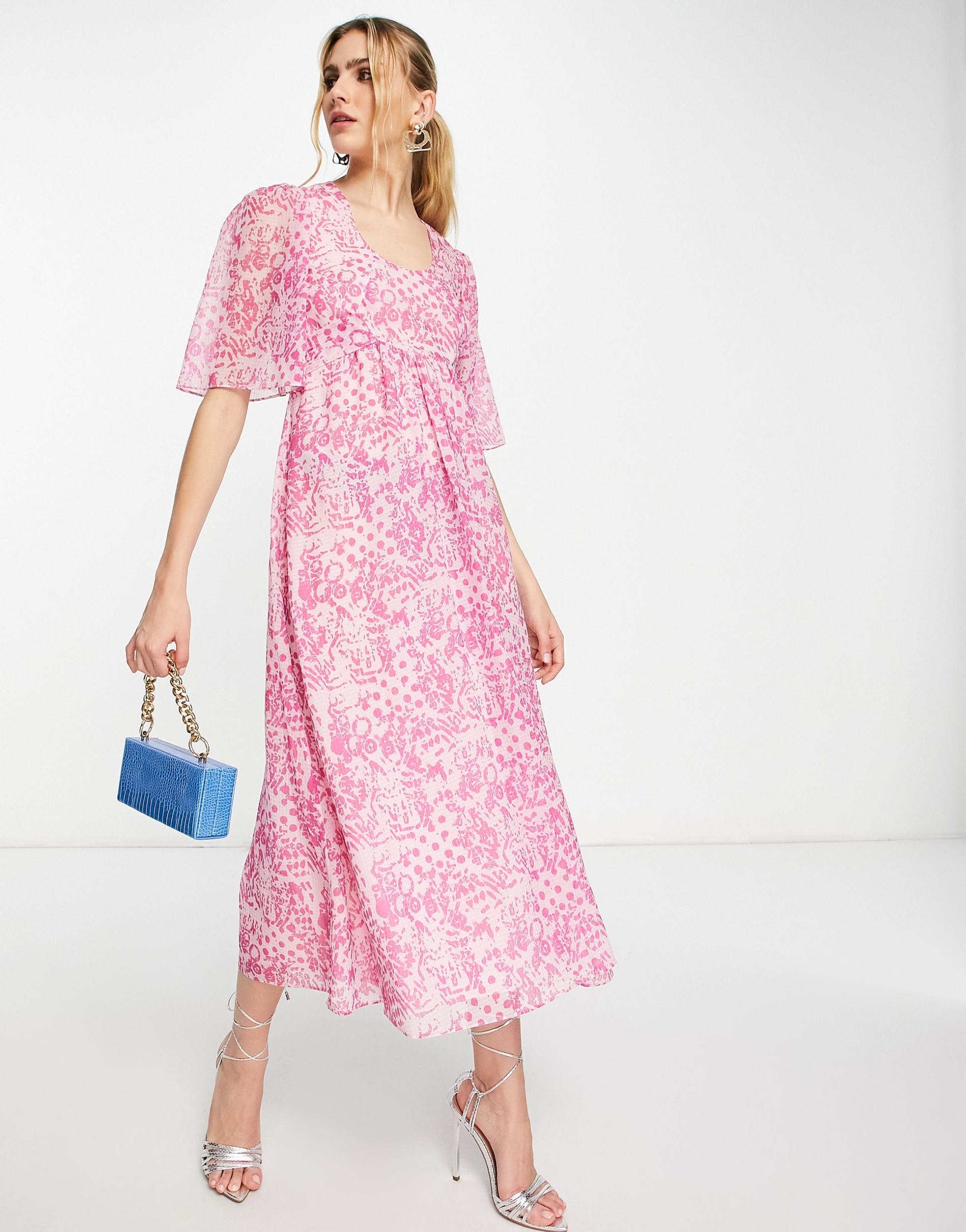 whistles midi dress with back detail in abstract batik print - pink