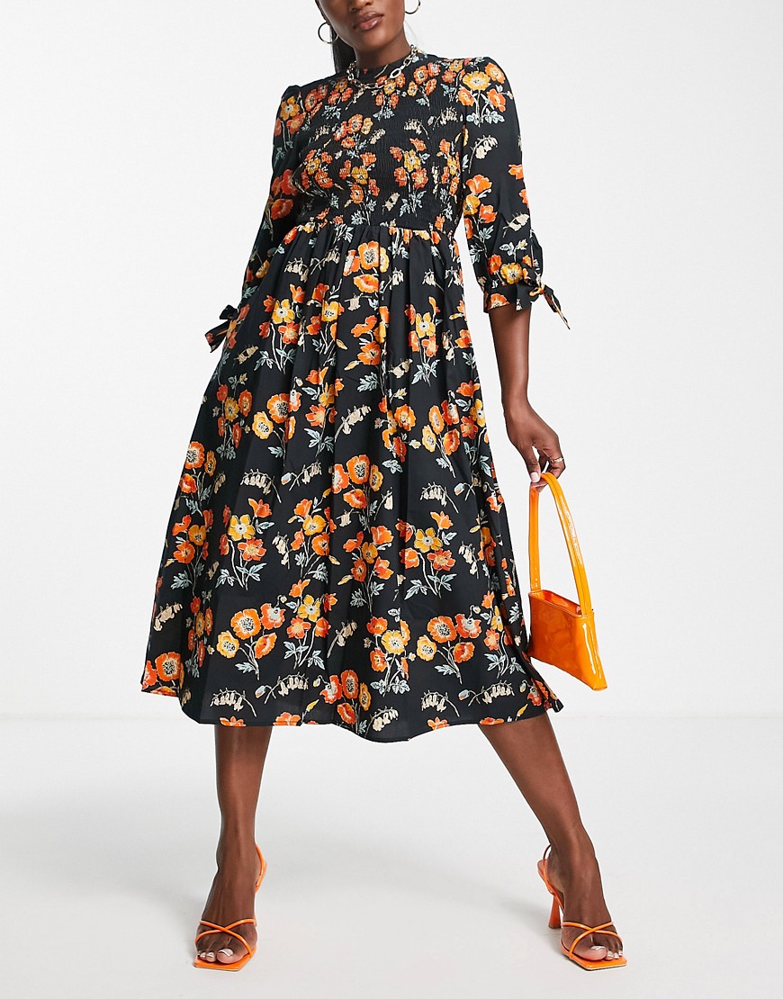 Whistles midi dress with smocking and tie sleeve in black and orange floral-Multi