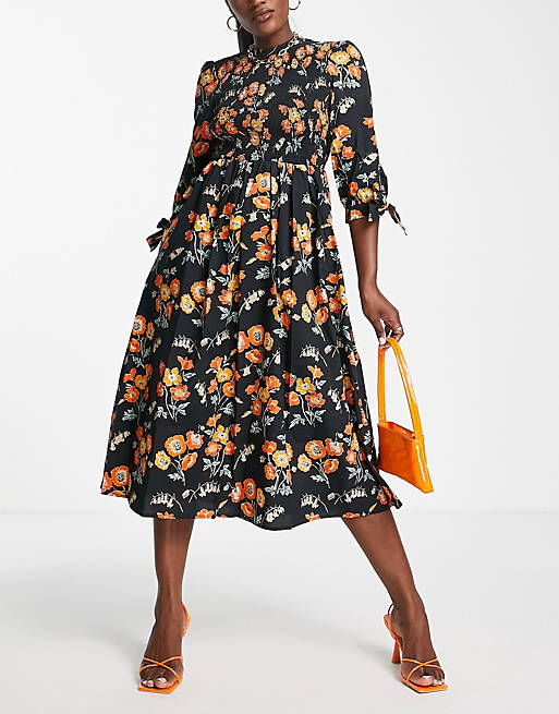  Whistles midi dress with smocking and tie sleeve in black and orange floral 