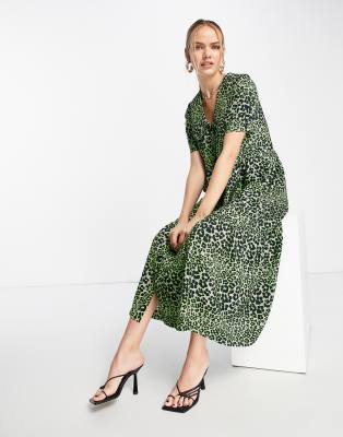 Whistles midi tea dress in tonal leopard print-Green