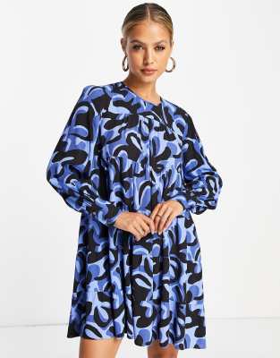 Whistles Mini Swing Dress In Blue Swirl Print