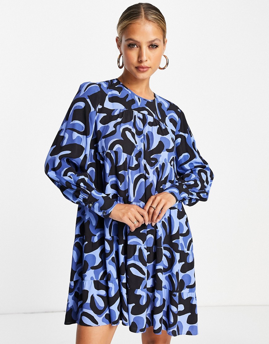 Whistles mini swing dress in blue swirl print