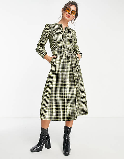 Whistles Nora gingham checked midi dress in yellow